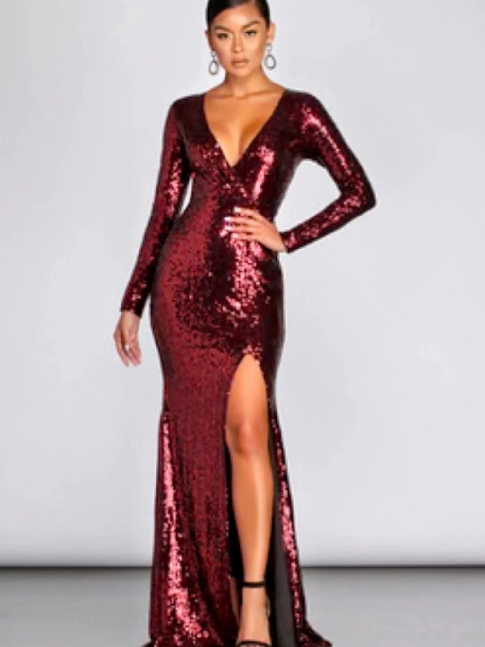 Windsor Sequin Slit Maxi Dress in Burgundy